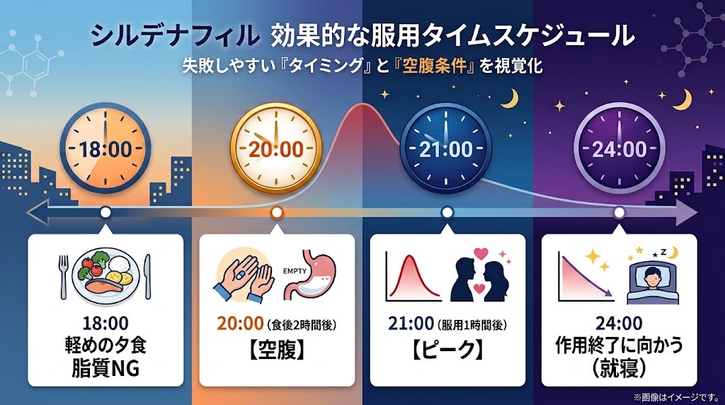 夕食・空腹時でのシルデナフィル服用・ピーク到達から就寝までの効果的なタイムスケジュール図