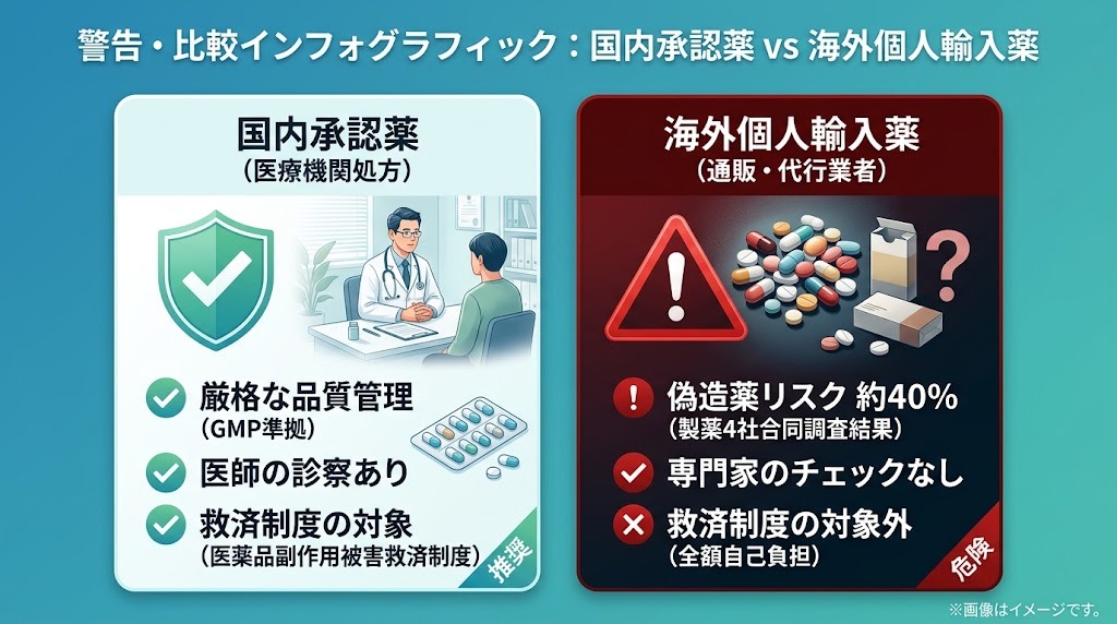 国内承認薬と危険な海外個人輸入薬の品質・救済制度・偽造薬リスクの違いを解説する警告図解