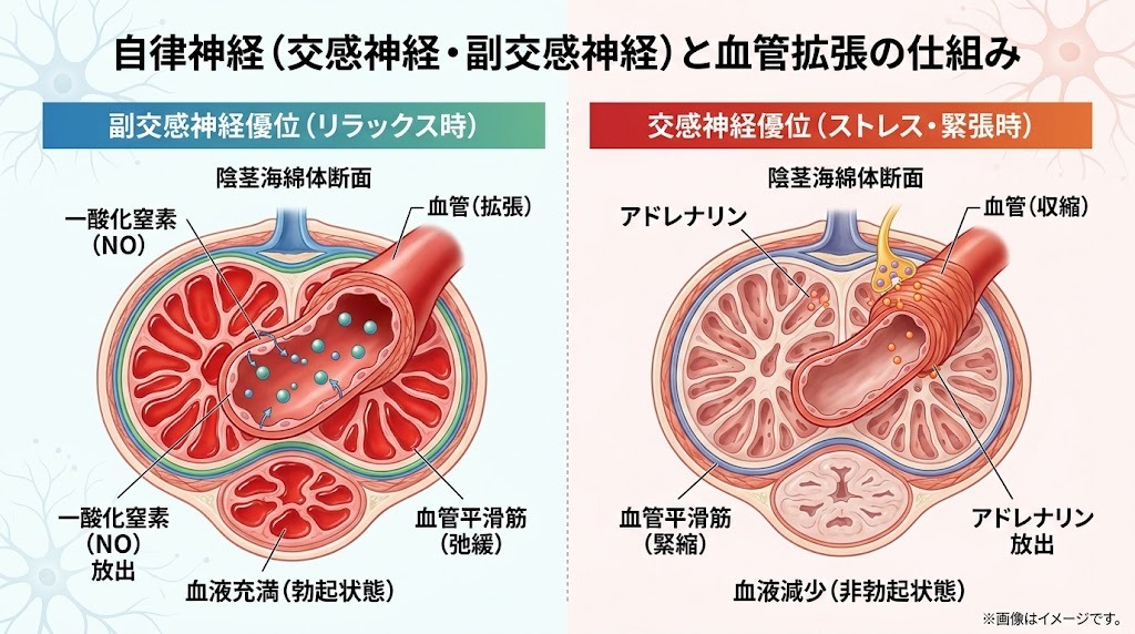 自律神経の状態（交感神経と副交感神経）による陰茎血管の収縮と拡張のメカニズム図