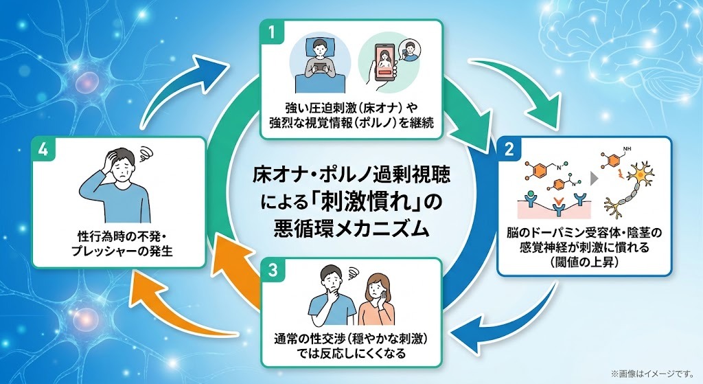 床オナやポルノ過剰視聴が及ぼす神経閾値の上昇と勃起力低下の悪循環モデル