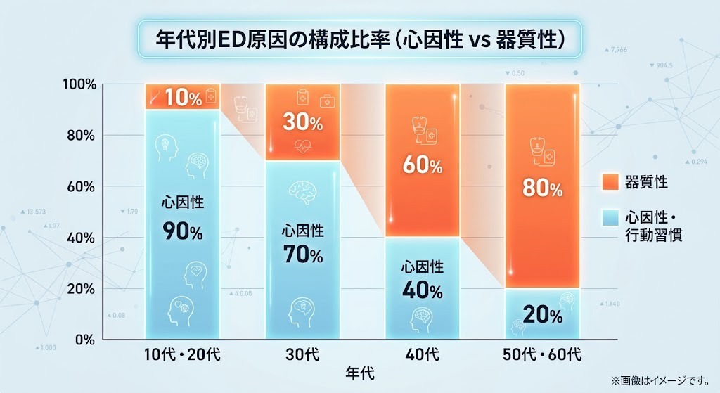 10代から60代における心因性EDと器質性EDの割合を示す年代別グラフ