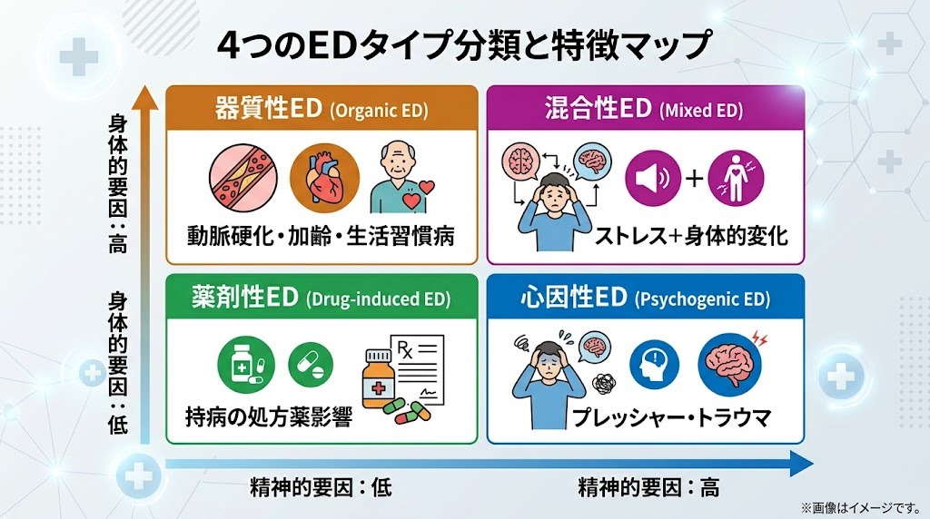 心因性・器質性・混合性・薬剤性EDの4タイプ分類マトリクス図