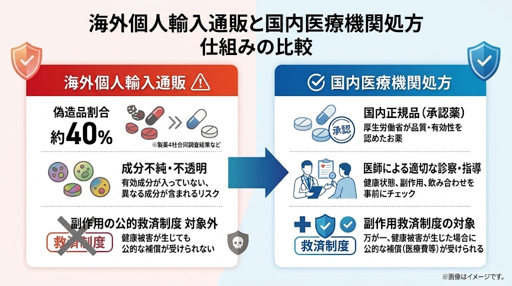 海外個人輸入通販のリスクと国内医療機関処方の仕組み比較図