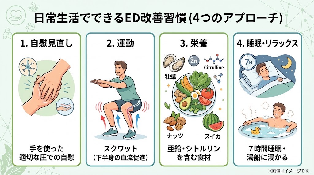 自力で取り組めるED改善策（自慰の見直し・スクワット・栄養摂取・睡眠）のまとめ図解