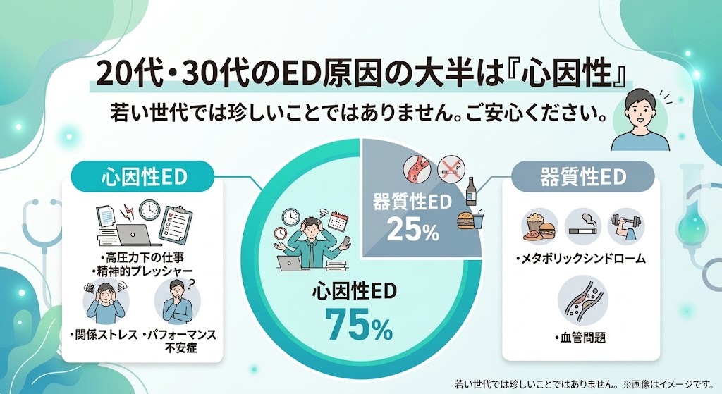 20代・30代のED原因の大半は心因性ED（約75%）であることを示す円グラフ。仕事のストレスやパフォーマンス不安などが主な要因
