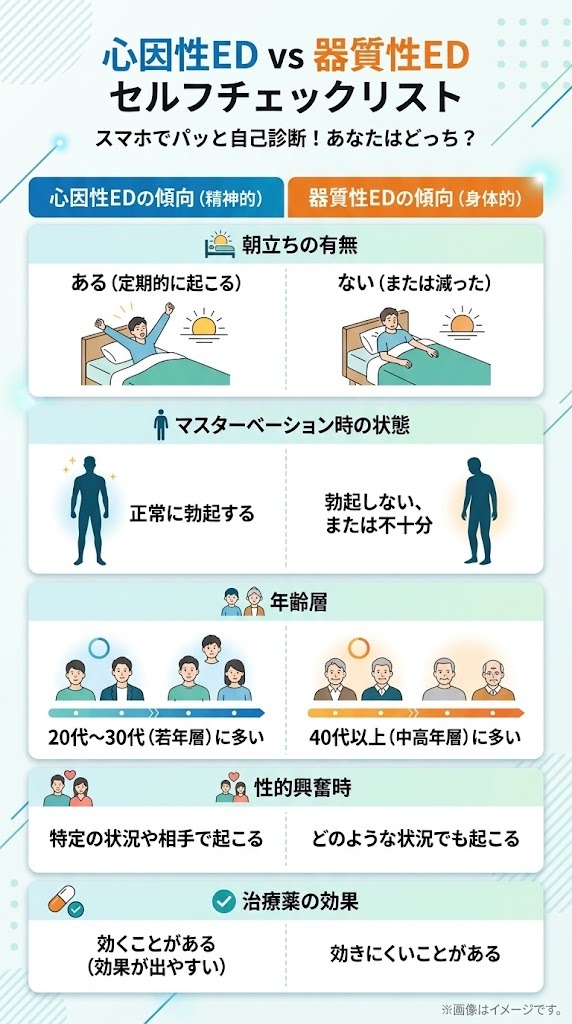 心因性EDと器質性EDを見分けるセルフチェックリスト。朝立ちの有無、マスターベーション時の正常な勃起の有無、発症年齢層（20代〜30代か40代以上か）などの違いを比較