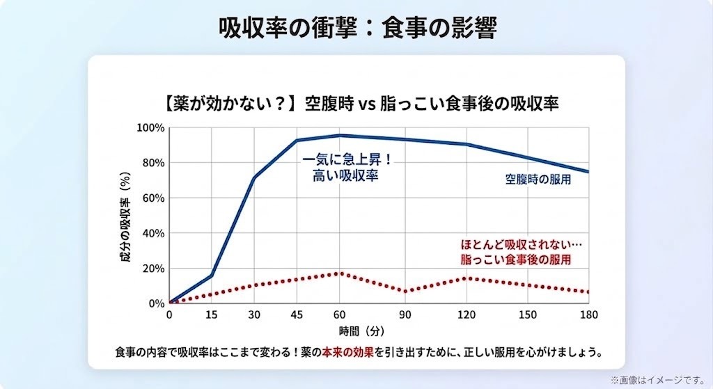 ED治療薬の吸収率に与える食事の影響を示す折れ線グラフ。空腹時の服用では吸収率が一気に上昇するのに対し、脂っこい食事後の服用では成分がほとんど吸収されないことを比較
