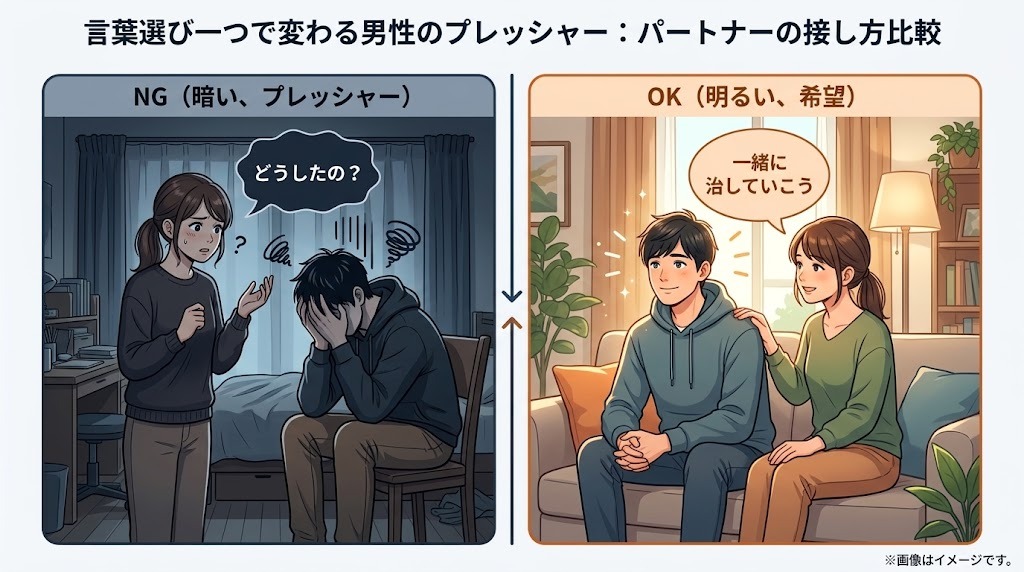 心因性EDの男性に対するパートナーの接し方比較。「どうしたの？」と問い詰めてプレッシャーを与えるNGな声かけと、「一緒に治していこう」と安心感を与えるOKな声かけの違い