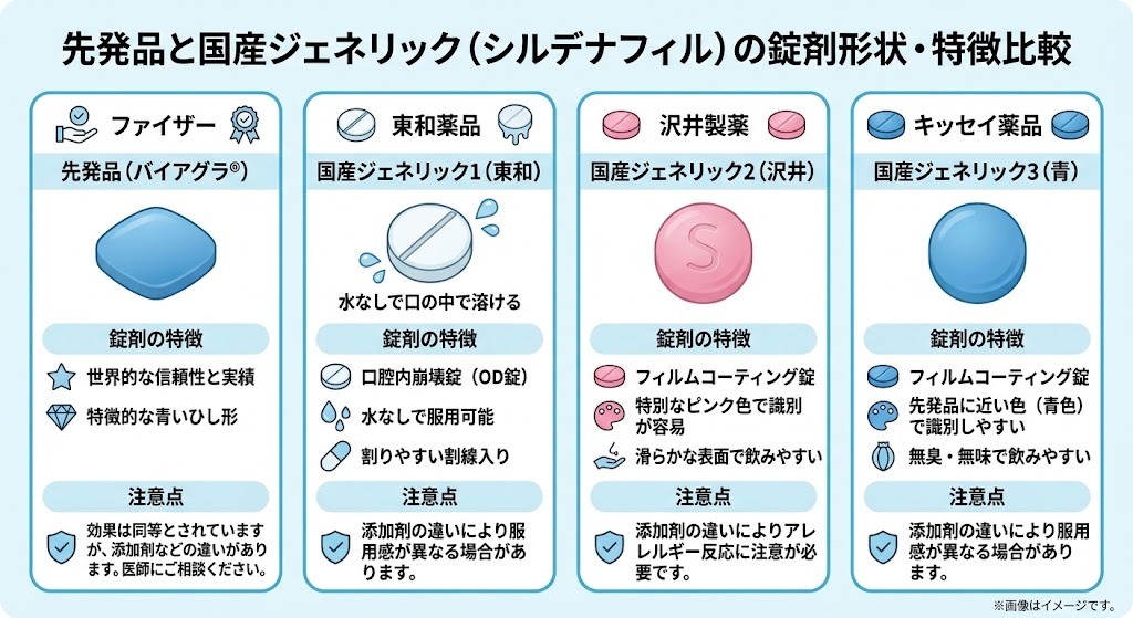 バイアグラ先発品と国産ジェネリック(東和・沢井・キッセイ)の錠剤形状・特徴比較図