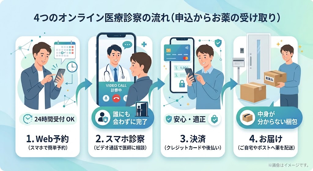 オンライン診療の申込みからお薬お届けまでの4ステップ（1.Web予約、2.スマホ診察、3.決済、4.お届け）とプライバシー配慮を示す図解。