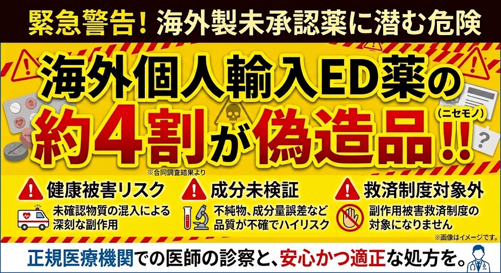 海外個人輸入の未承認ED治療薬における偽造品リスク（約4割がニセモノ）と健康被害の危険性を注意喚起する警告図解。正規医療機関での処方を推奨。