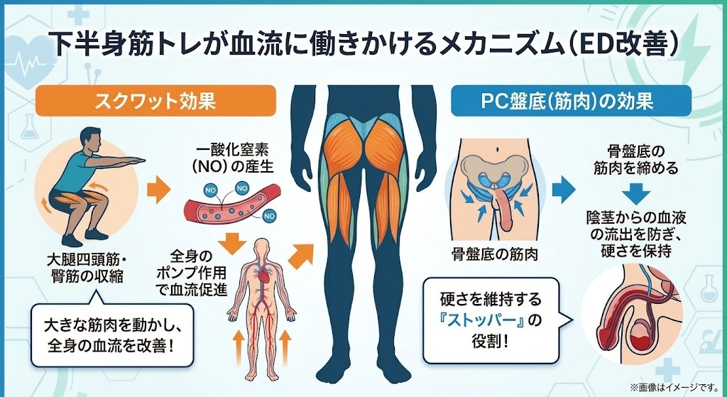 スクワットとPC筋トレーニングが下半身の血流と維持力に及ぼすメカニズム図