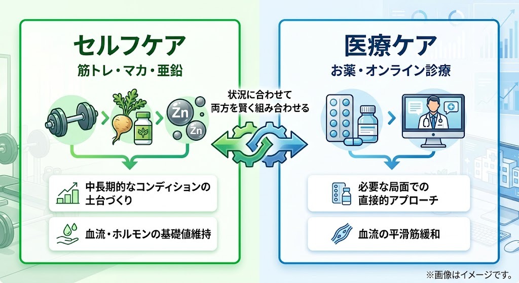 筋トレ・サプリによるセルフケアとED治療薬による医療ケアの役割の違いを示す比較図