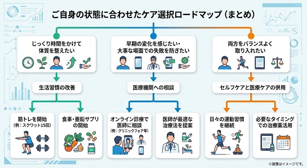 自身の悩みや目標に応じたセルフケアとオンライン診療の使い分けロードマップ図