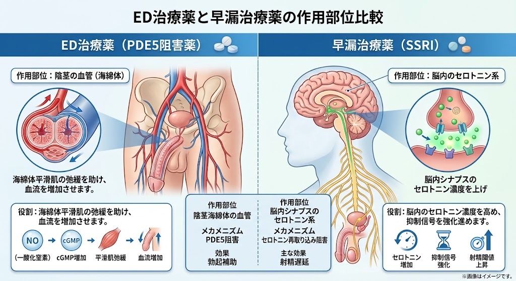 ED治療薬と早漏治療薬（ダポキセチン）の作用部位とメカニズムの違い比較図