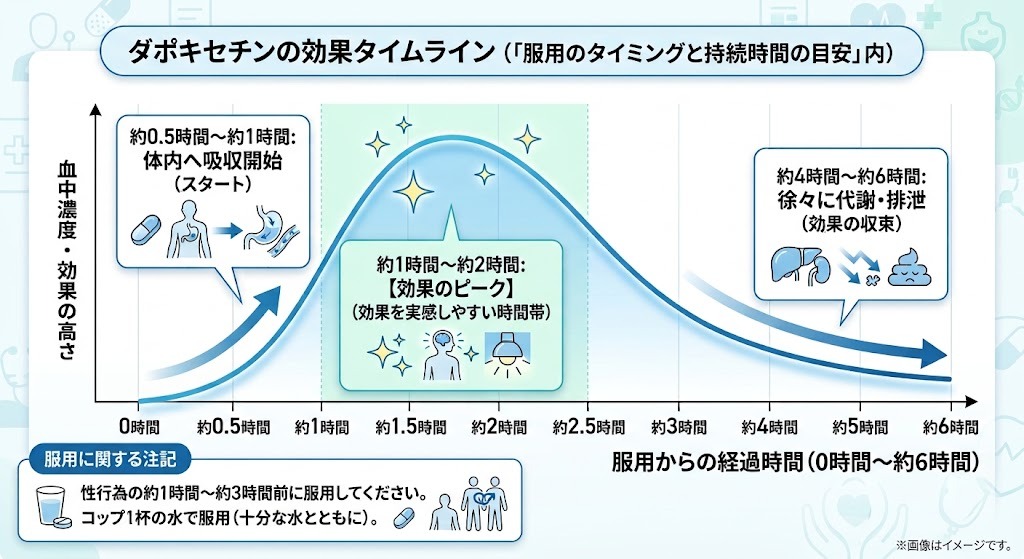 ダポキセチン（ポゼット）の服用のタイミングと効果持続時間のタイムライングラフ