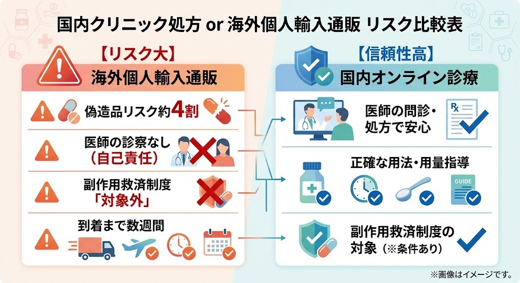 海外個人輸入通販のリスクと国内クリニック処方・オンライン診療の信頼性比較表