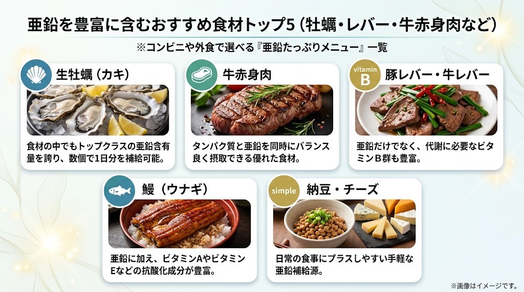 テストステロンを増やすために有効な亜鉛を豊富に含むおすすめ食材（生牡蠣・牛赤身肉・豚レバー・ウナギ・納豆・チーズ）