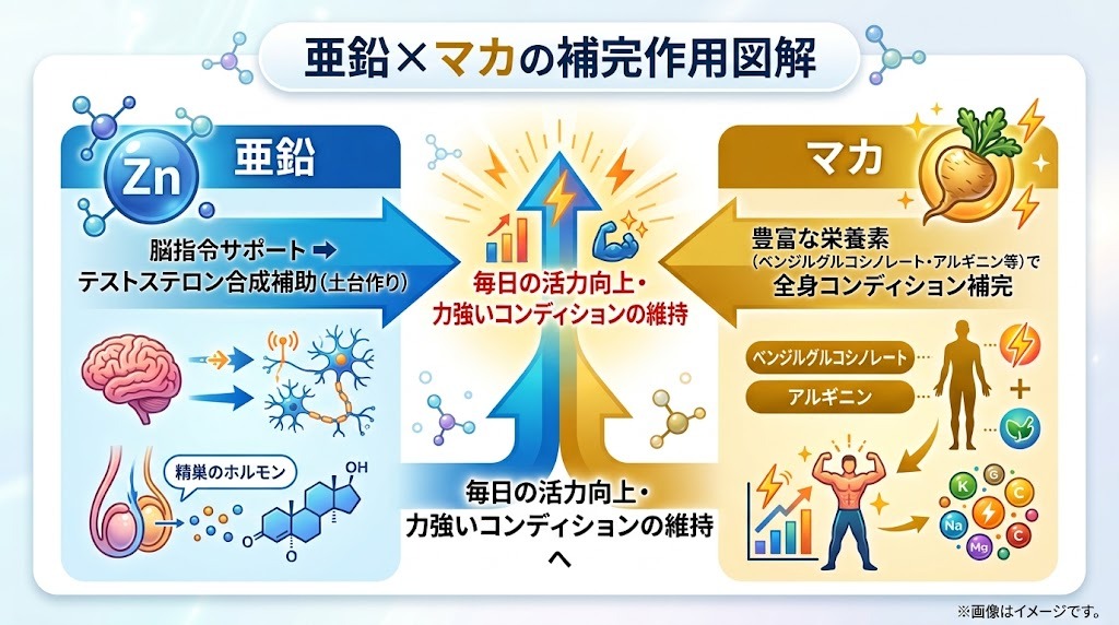亜鉛とマカが相乗効果で男性のテストステロン合成補助と全身コンディションを補完するメカニズム