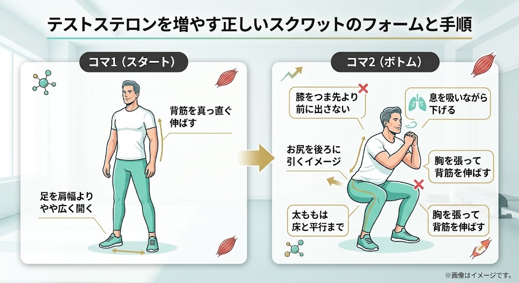 テストステロンを自力で増やす方法として効果的なスクワットの正しいフォームと手順
