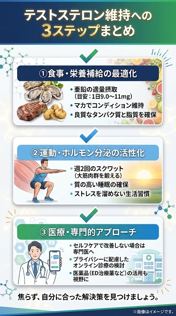 【SEO特化ALTテキスト】
食事（亜鉛・マカ）、運動（筋トレ）、医療（オンライン診療）によるテストステロン維持と活力回復の3ステップまとめ