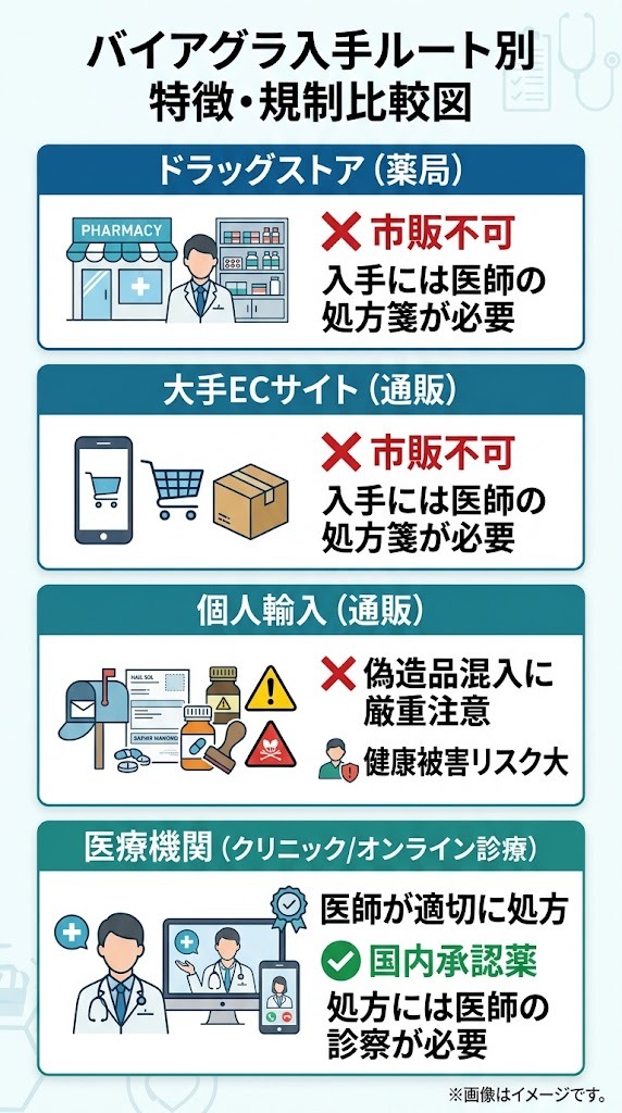 バイアグラ入手ルート別の市販可否と処方の必要性比較図