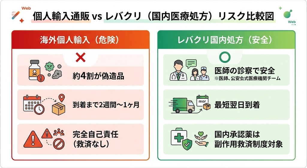 海外ED薬の個人輸入リスクとレバクリ国内医療処方の安全性比較図