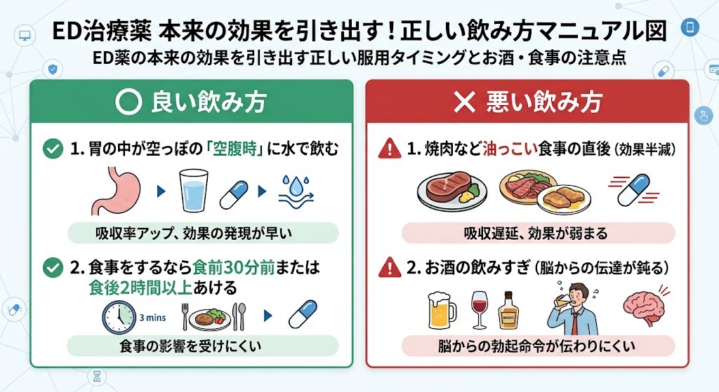 ED治療薬本来の効果を引き出す正しい飲み方と服用注意点マニュアル