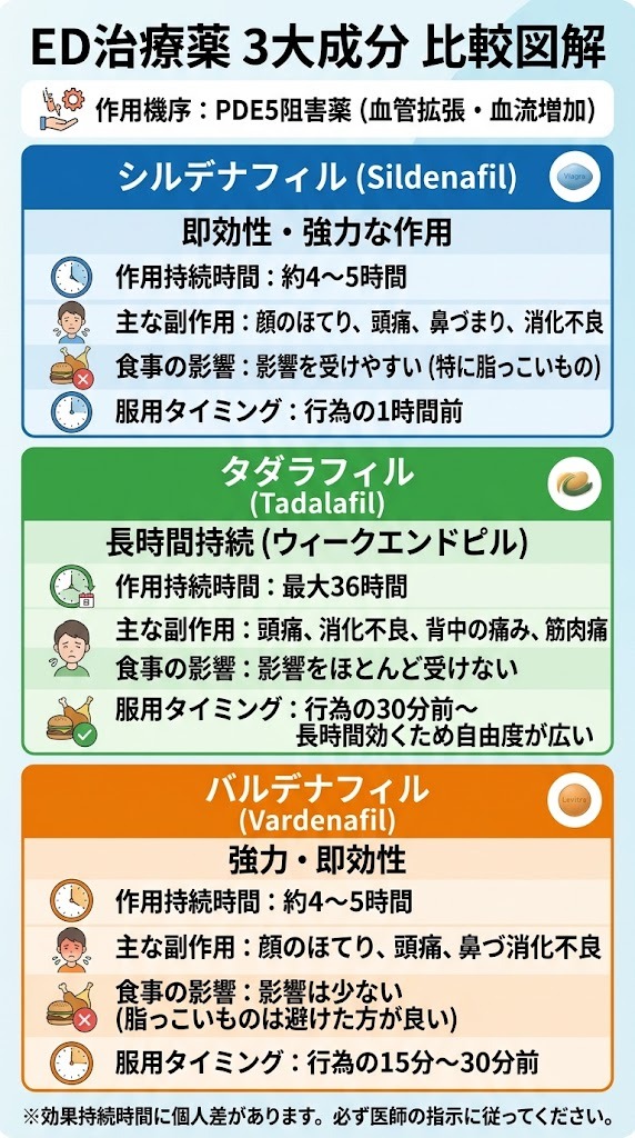 ED治療薬3大成分（シルデナフィル・タダラフィル・バルデナフィル）の比較図解