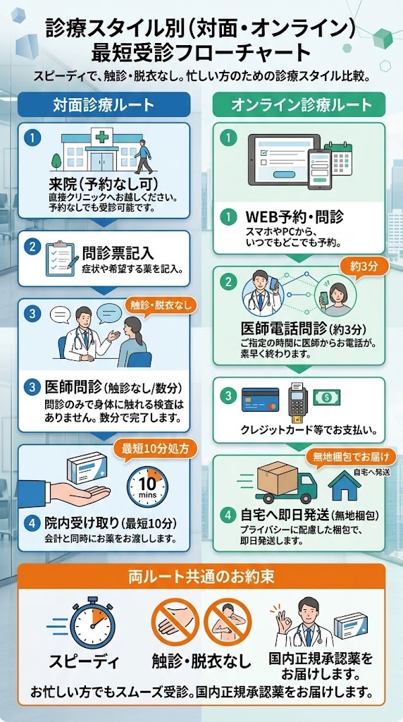 イースト駅前クリニックの対面診療（最短10分処方）とオンライン診療（即日発送）の受診フローチャート
