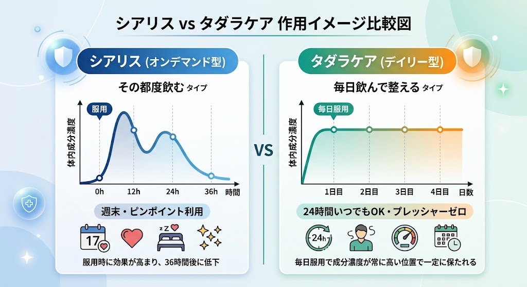 シアリス（単発36時間持続）とタダラケア（毎日服用で24時間維持）の体内成分濃度グラフと作用イメージ比較図