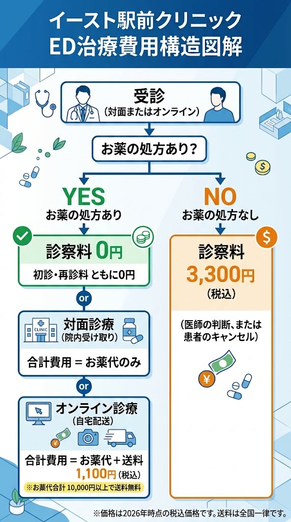 イースト駅前クリニックのED治療費用構造図解（処方ありで診察料0円、処方なし時は3,300円、対面とオンラインの料金内訳）