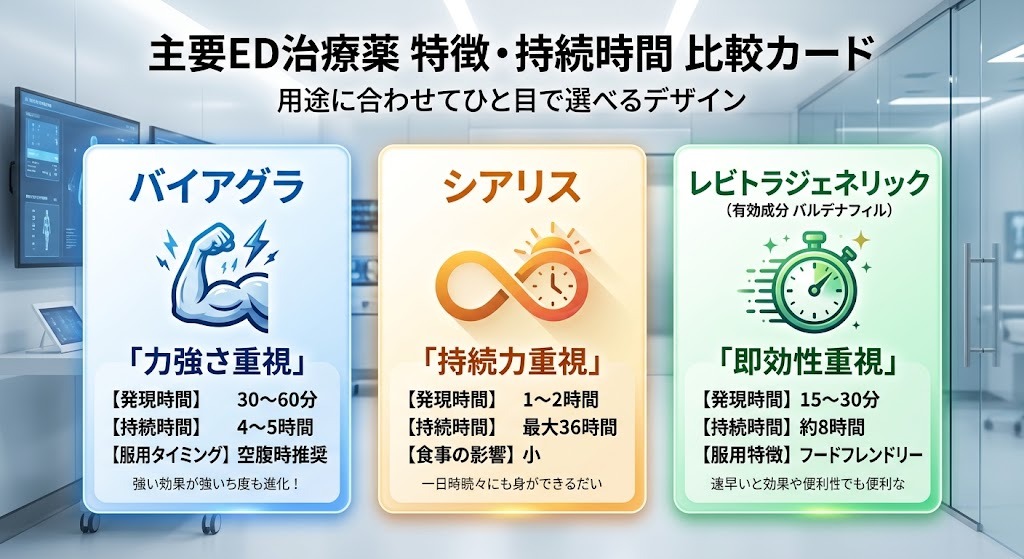 バイアグラ・シアリス・レビトラジェネリックの強み・発現時間・持続時間を比較した図解カード