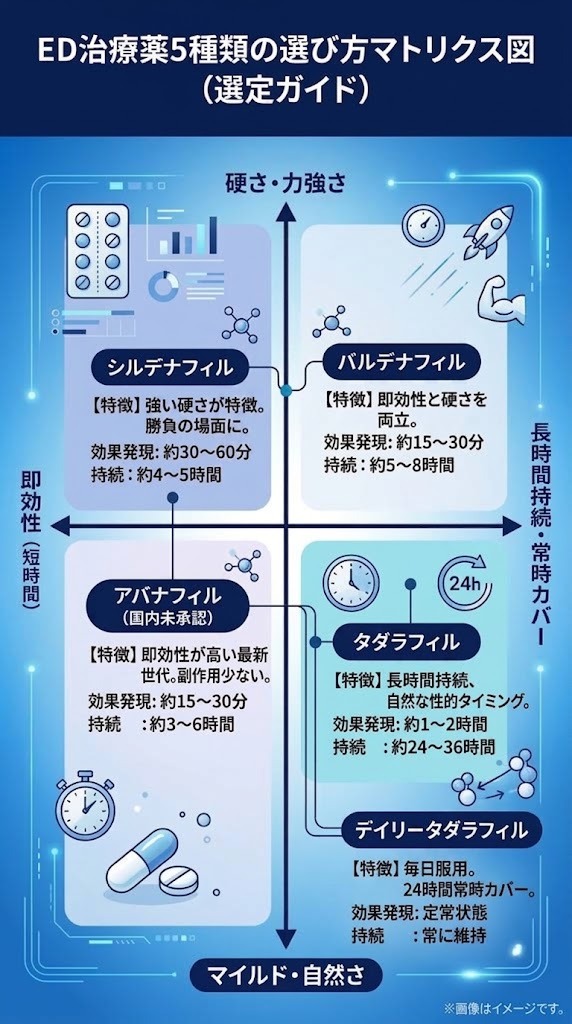 ED治療薬5種類の効果・持続時間・即効性のポジショニング比較マップ