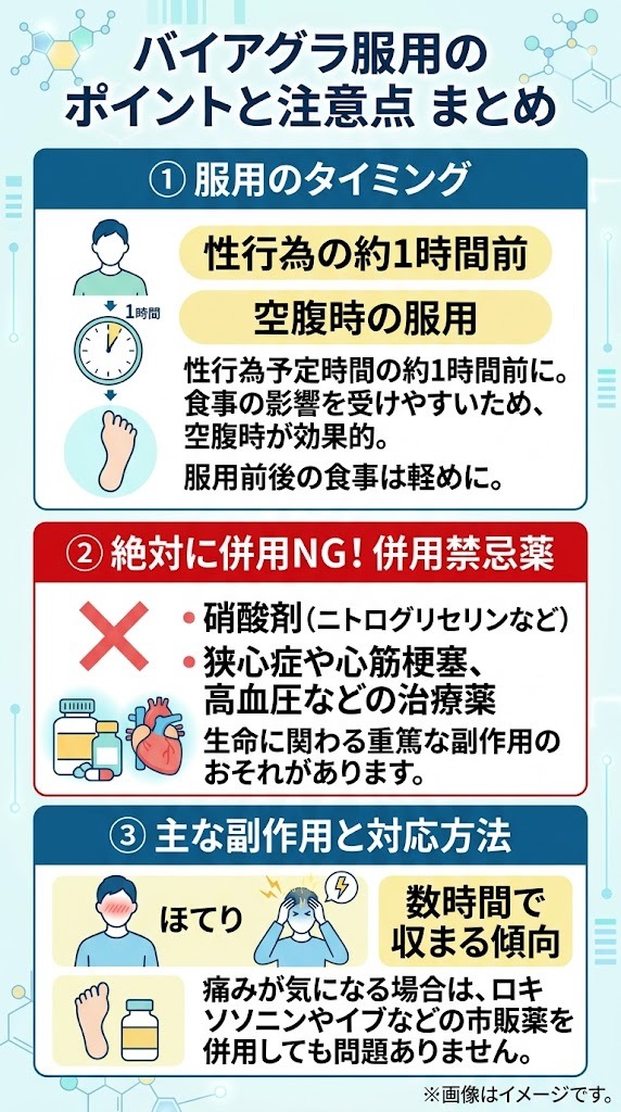 バイアグラ服用のタイミング・食事の影響・併用禁忌薬の注意点まとめ図