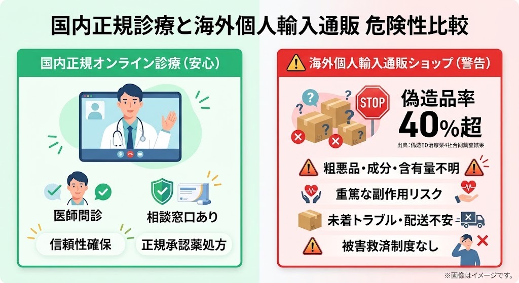 国内正規オンライン診療と海外個人輸入通販の危険性・信頼性比較図