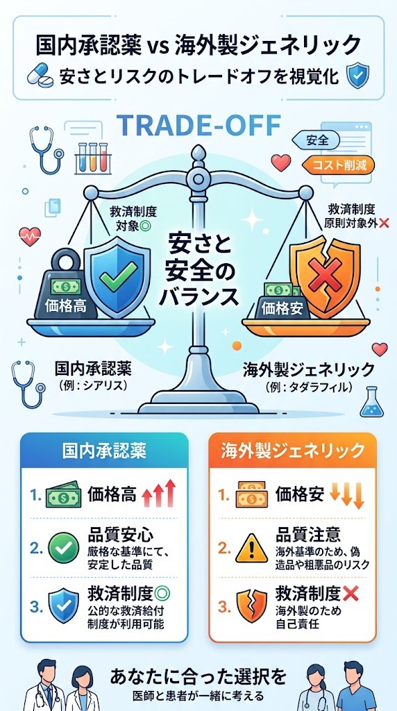 国内承認薬（シアリス等）と海外製ジェネリック（タダラフィル等）の価格と医薬品副作用被害救済制度の適用比較図