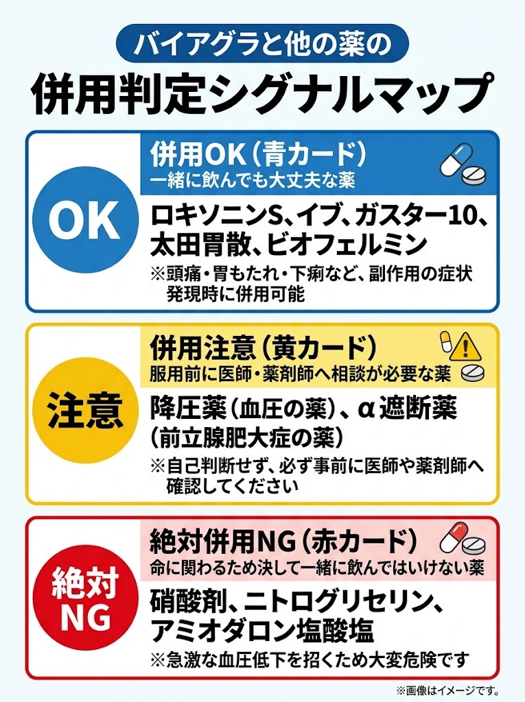バイアグラと一緒に飲める市販薬（ロキソニン等）と併用注意薬・絶対併用禁忌薬（硝酸剤）のシグナルマップ
