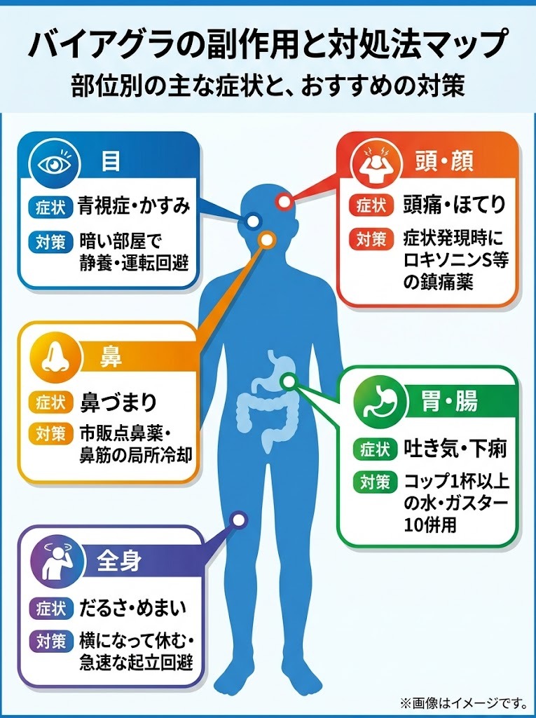 バイアグラの頭痛・目・鼻・胃腸・全身の症状別副作用と市販薬等による対処法まとめ図解