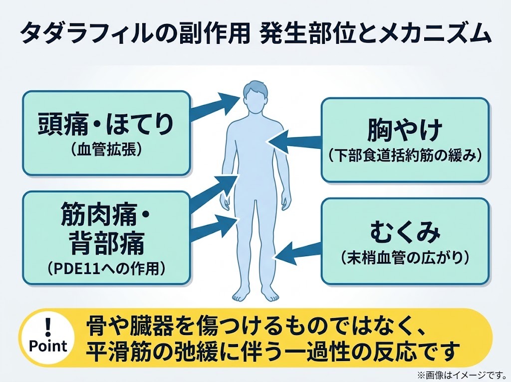 タダラフィルの主な副作用（頭痛・胸やけ・筋肉痛・むくみ）が発生する部位とメカニズムの図解イラスト