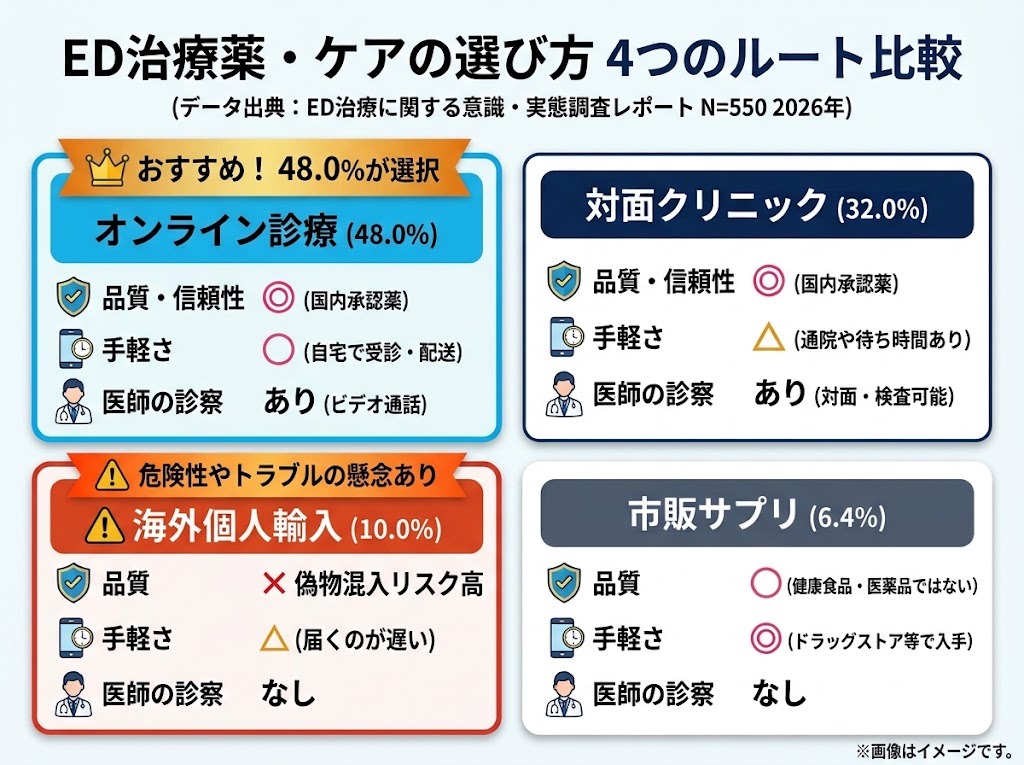 ED治療薬の受診形態別比較表（オンライン診療・対面診療・個人輸入・サプリメントの違い）