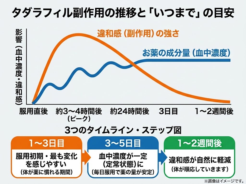 タダラフィル服薬後の血中濃度推移と副作用が和らぐまでの1〜2週間タイムライングラフ