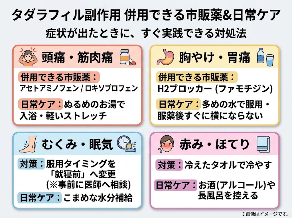 タダラフィルの副作用（頭痛・胸やけ・むくみ等）に併用できる市販薬と日常ケアの対処法一覧図