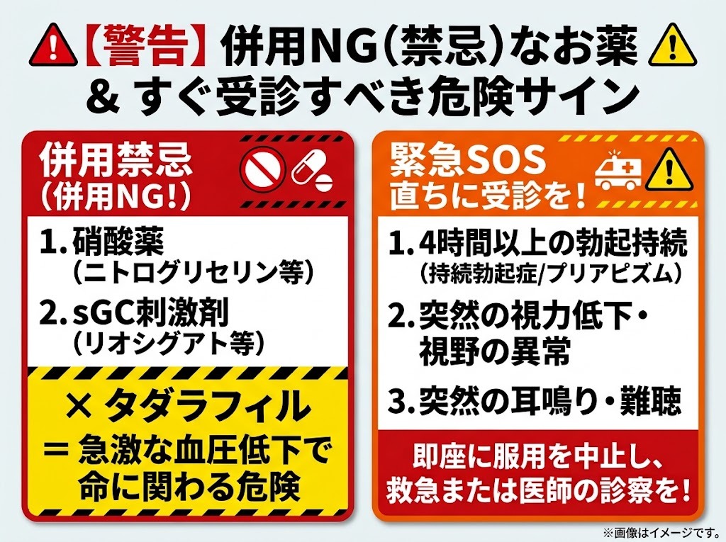 タダラフィルの併用禁忌薬（硝酸薬等）と直ちに受診が必要な緊急SOS危険サインの警告バナー