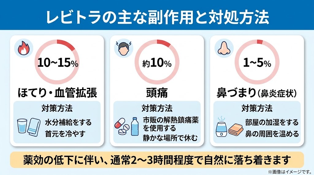 レビトラの主な副作用（ほてり・頭痛・鼻づまり）の発現割合と具体的な対処方法