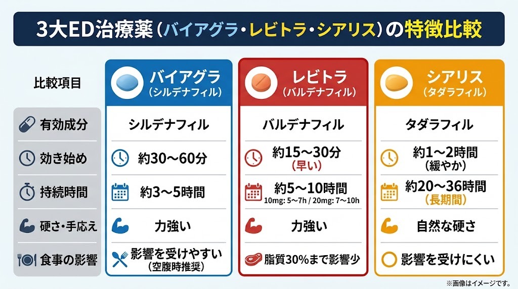 バイアグラ・レビトラ・シアリスの効き始め・持続時間・食事影響を整理した3大ED治療薬比較図