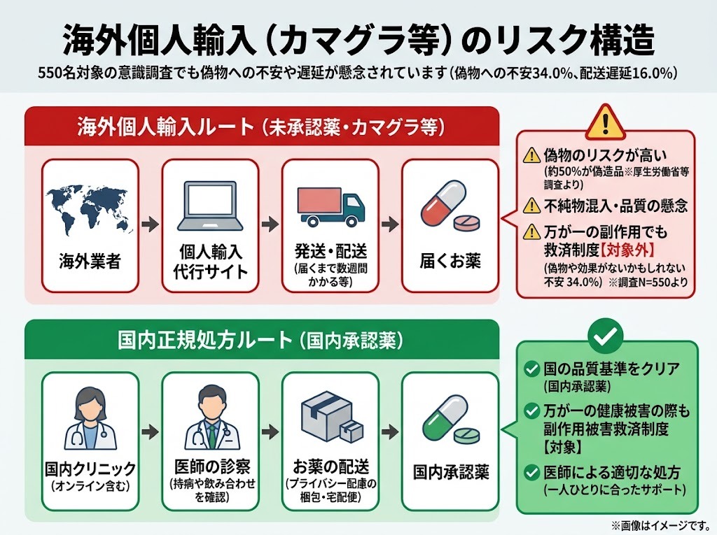 海外個人輸入ED治療薬カマグラの偽物混入リスクと国内正規処方ルートの補償比較図