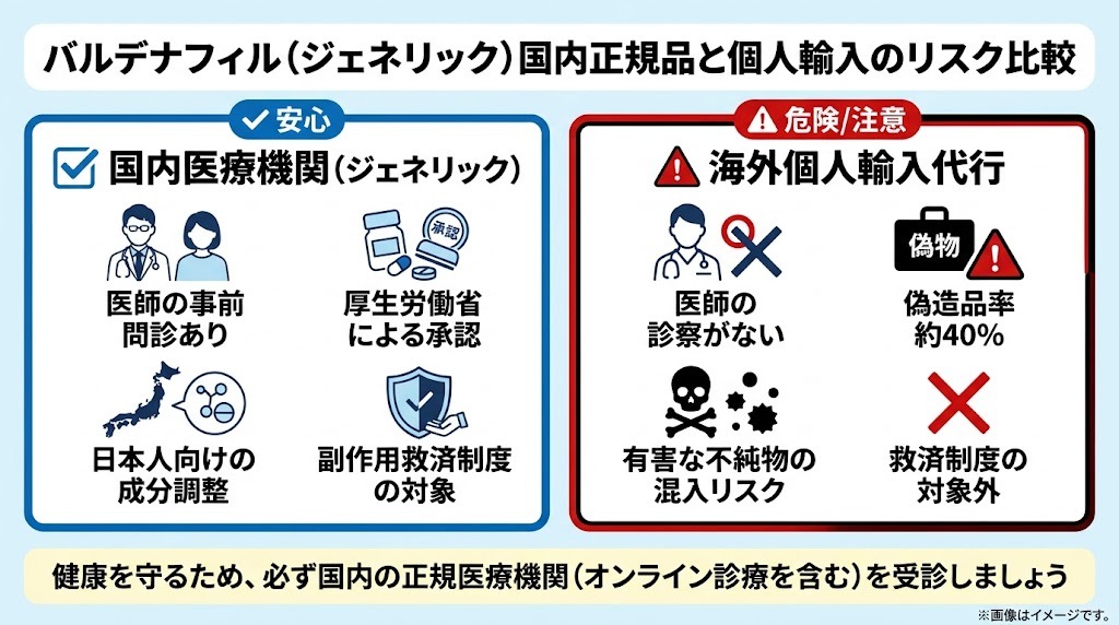 バルデナフィル（ジェネリック）国内正規品の安心感と海外個人輸入代行の偽造品リスク比較図