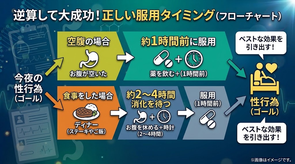 空腹時と食後におけるバイアグラの正しい服用タイミングと逆算のフローチャート図