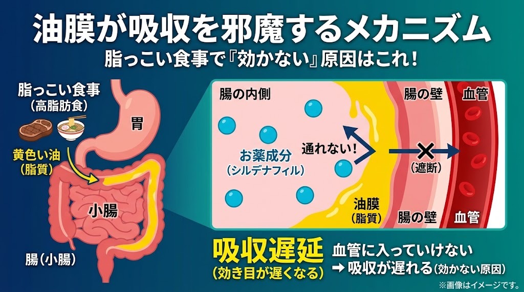 脂っこい食事（高脂肪食）が腸管に油膜を張り、バイアグラの有効成分（シルデナフィル）の吸収を阻害するメカニズム